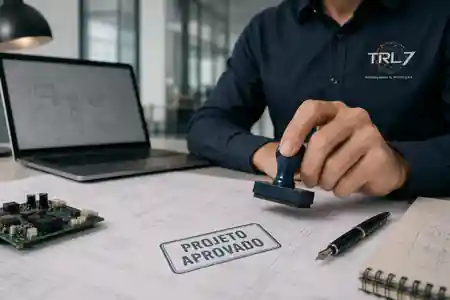 Projeto de engenharia aprovado sobre documentação técnica, com bancada de desenvolvimento ao fundo